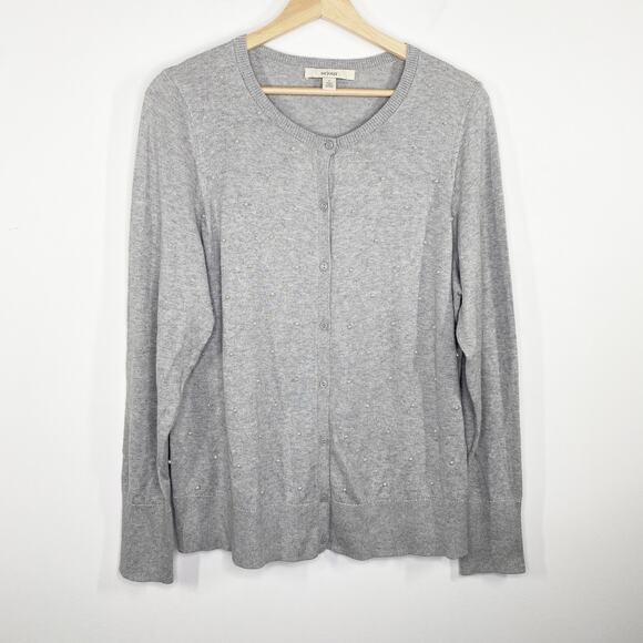 Sejour Sweaters - Sejour Women Grey Faux Pearl Button Down Cardigan Sweater Plus Size 1X